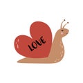 Cartoon vector illustration of a cute snail. Valentine`s day. Baby valentine. Love. Heart. Baby animals.